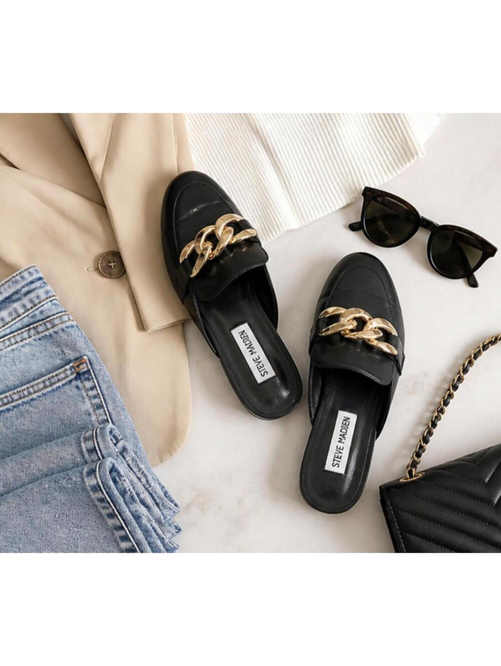 Steve Madden Kandi Loafers Black Slip On Mules Gold Chain Women’s size 5.5